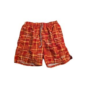IZOD Boys Orange Red Plaid Swim Trunks Mesh Lined Board Shorts Large